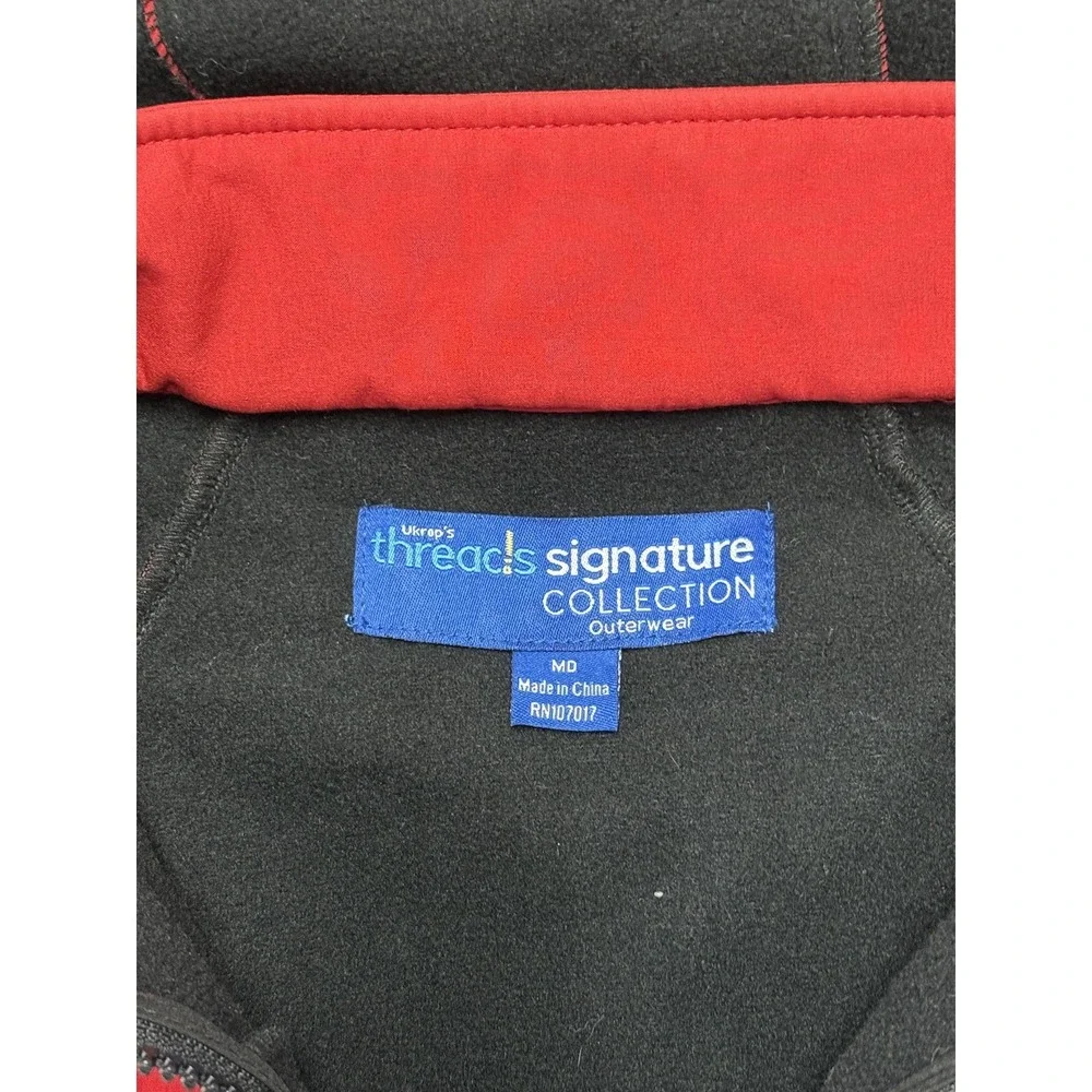 H-E-B Jacket Mens Medium Red Black Hooded Softshell Fleece Lined Full Zip Logo
